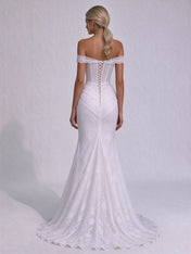 Off-The-Shoulder Scalloped Lace Corset Mermaid Bridal Wedding Dress with Slit