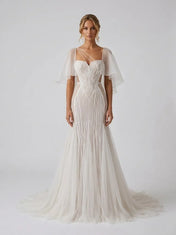 Flutter-Sleeve Asymmetrical Strappy Beaded Mermaid Bridal Wedding Dress