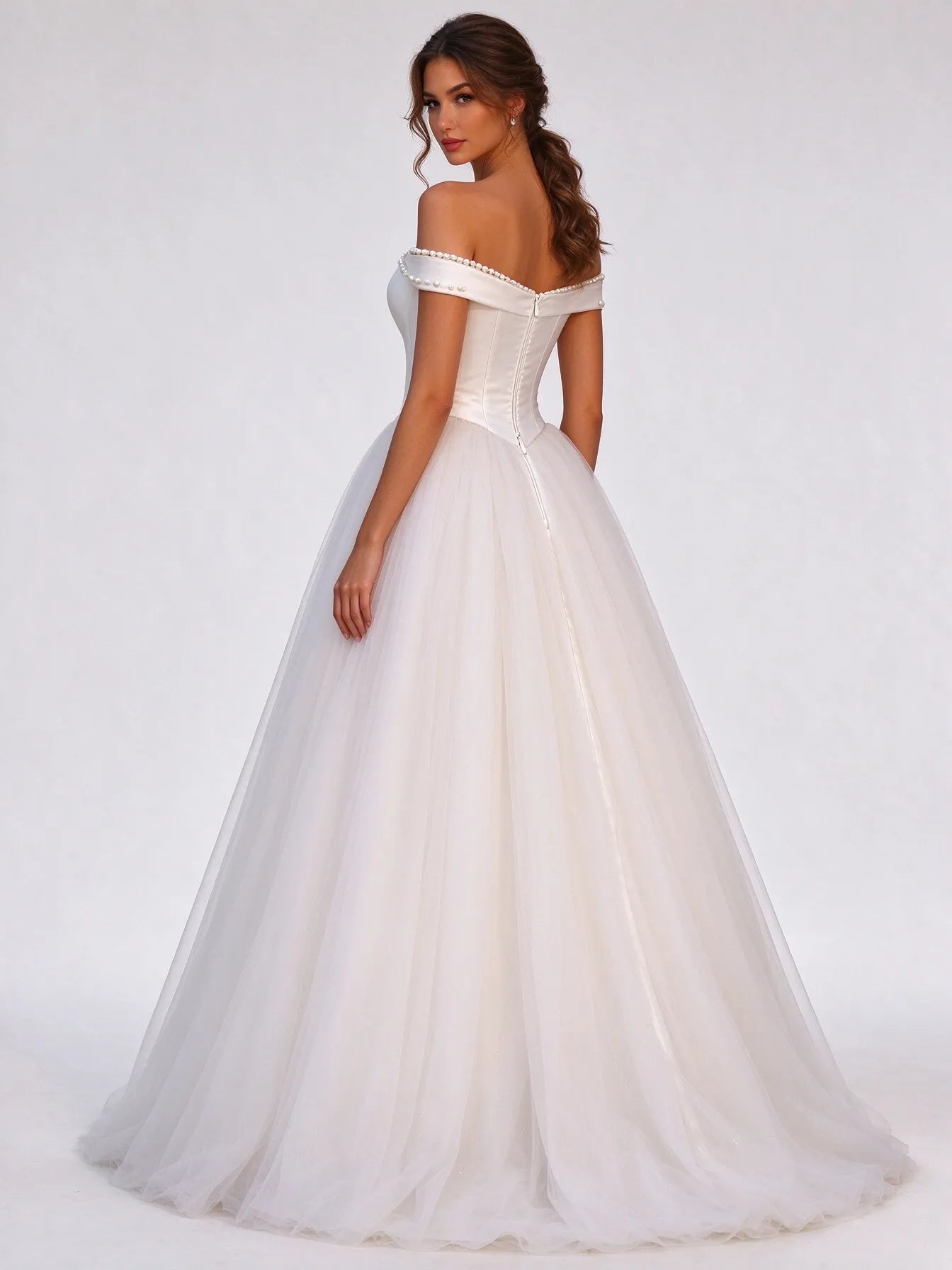 Off-the-Shoulder Pearl Trim Satin & Tulle A-Line Wedding Dress