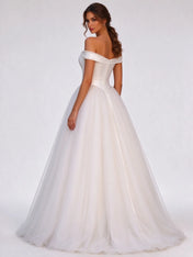 Off-the-Shoulder Pearl Trim Satin & Tulle A-Line Wedding Dress