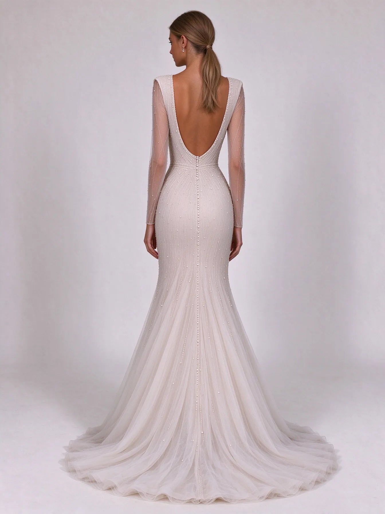 Structured Padded-Shoulder Plunge-Neck Beaded Mermaid Wedding Dress with Sweep Train