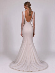 Structured Padded-Shoulder Plunge-Neck Beaded Mermaid Wedding Dress with Sweep Train