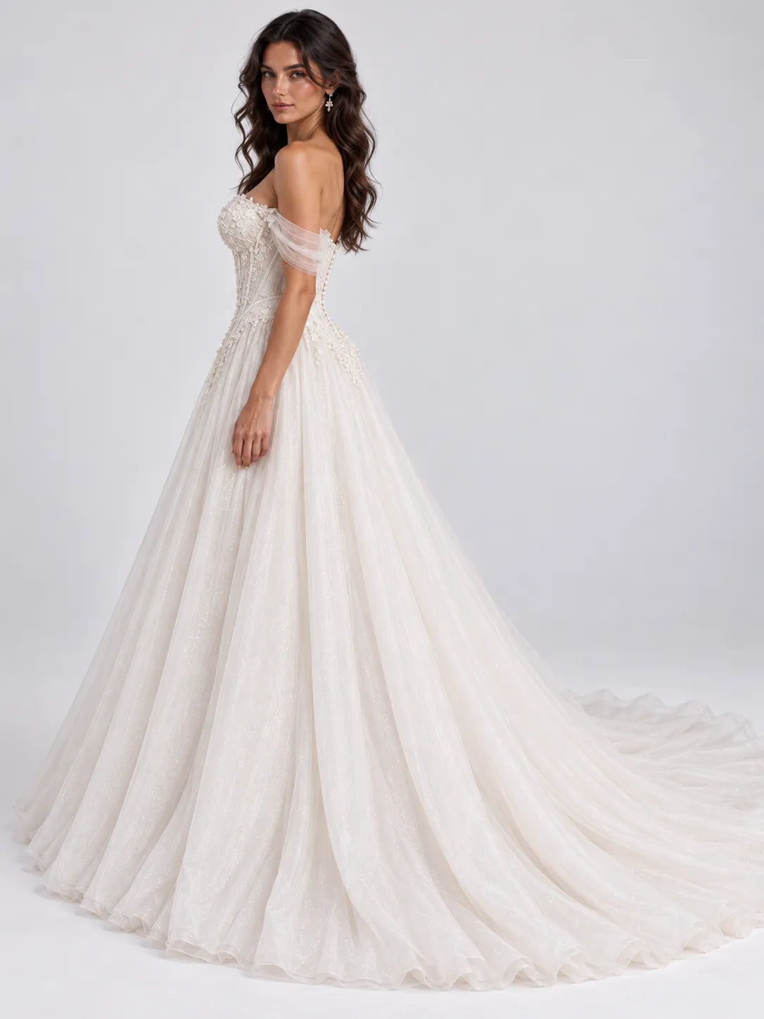 Off-the-Shoulder Lace Appliqué Ball Gown Wedding Dress