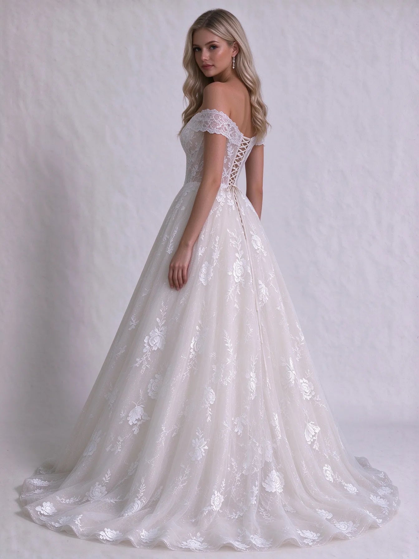 Off-the-Shoulder Sweetheart Lace Corset Tulle A-Line Wedding Dress with Lace-Up Back