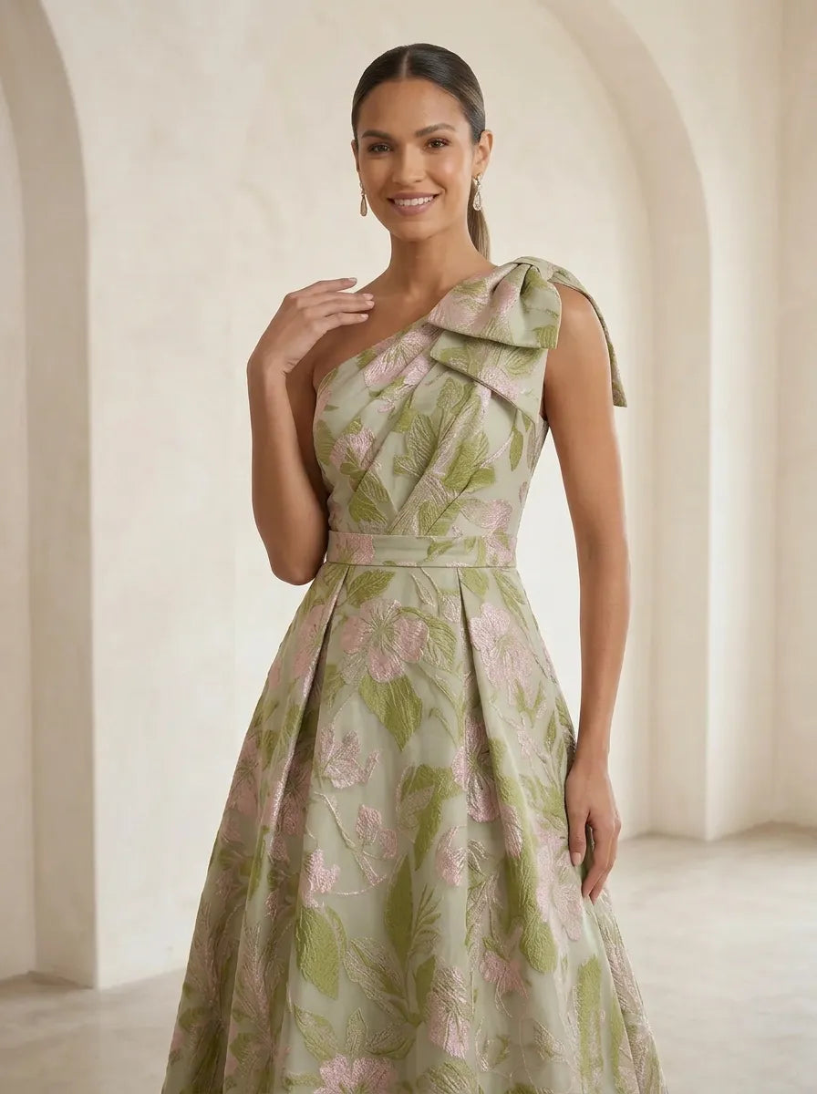 One-Shoulder Bow-Accented Jacquard Ball Gown Mother Of The Bride Dresses