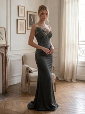 Strapless Beaded Floral-Accented Column Prom Dress