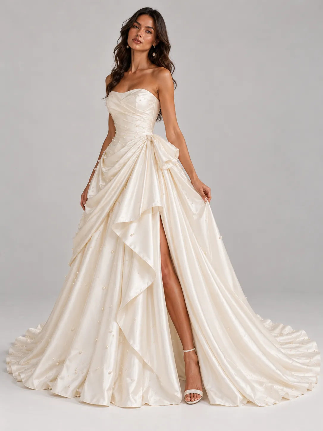 Strapless Draped Pearl-Embellished Satin Wedding Dress Ball Gown with High Front Slit and Corset Back