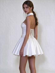 Halter Lace Pearl Corset Satin Mini Dress Wedding Dress