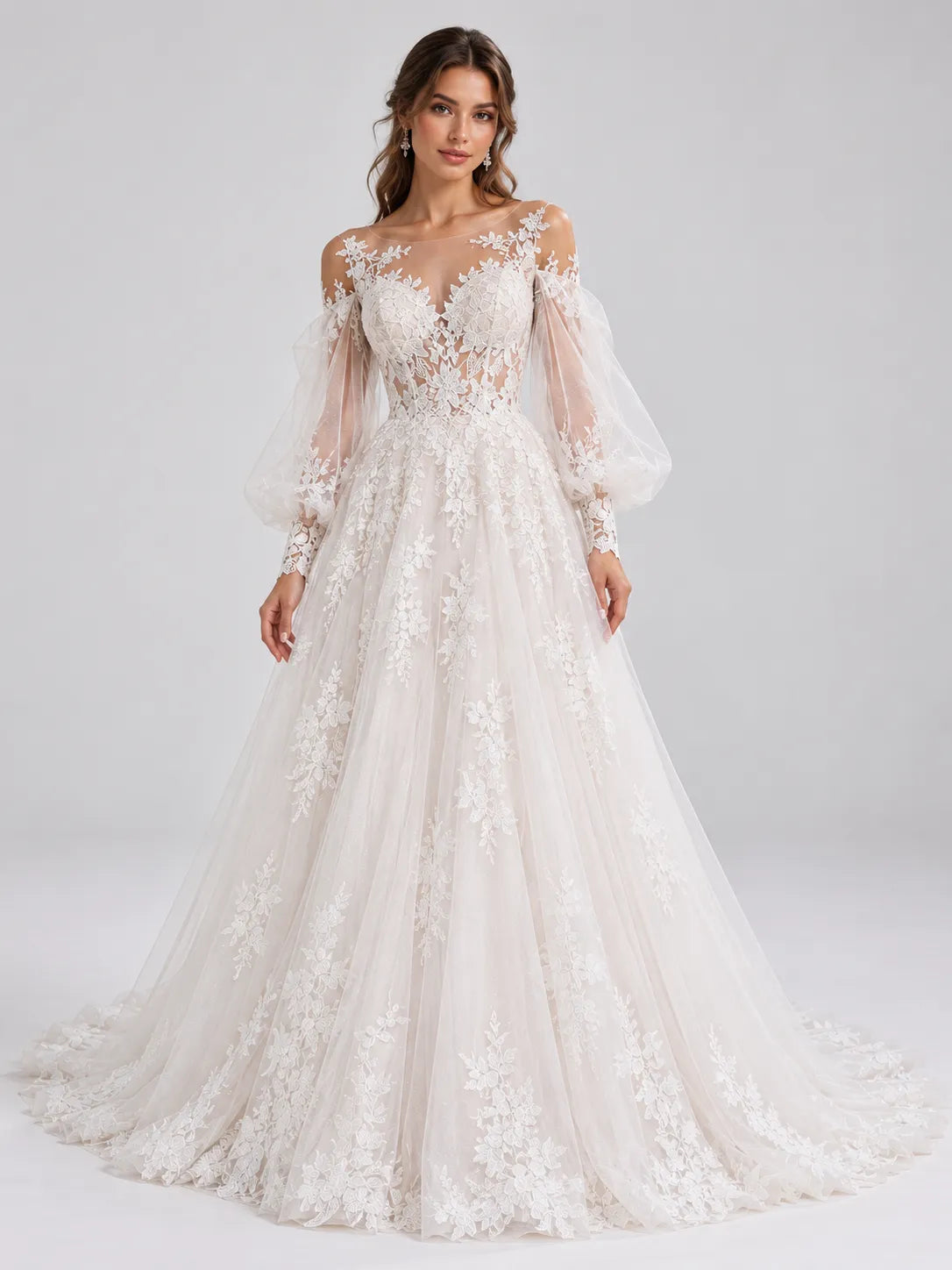Off-the-Shoulder Bishop Long-Sleeve Lace A-Line Wedding Dress with Illusion Back and Cathedral Train
