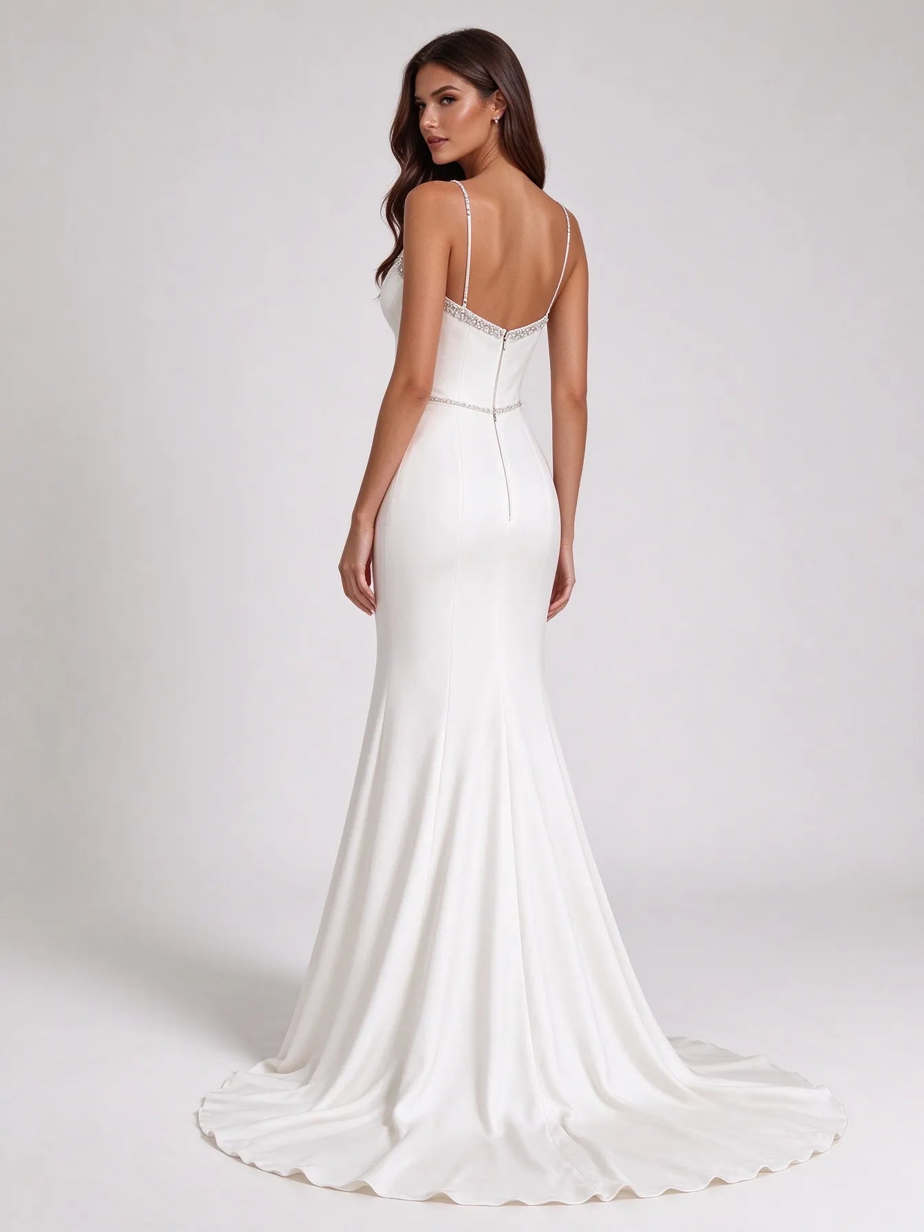 Crystal-Trimmed Satin Mermaid Bridal Gown Wedding Dress with High Leg Slit