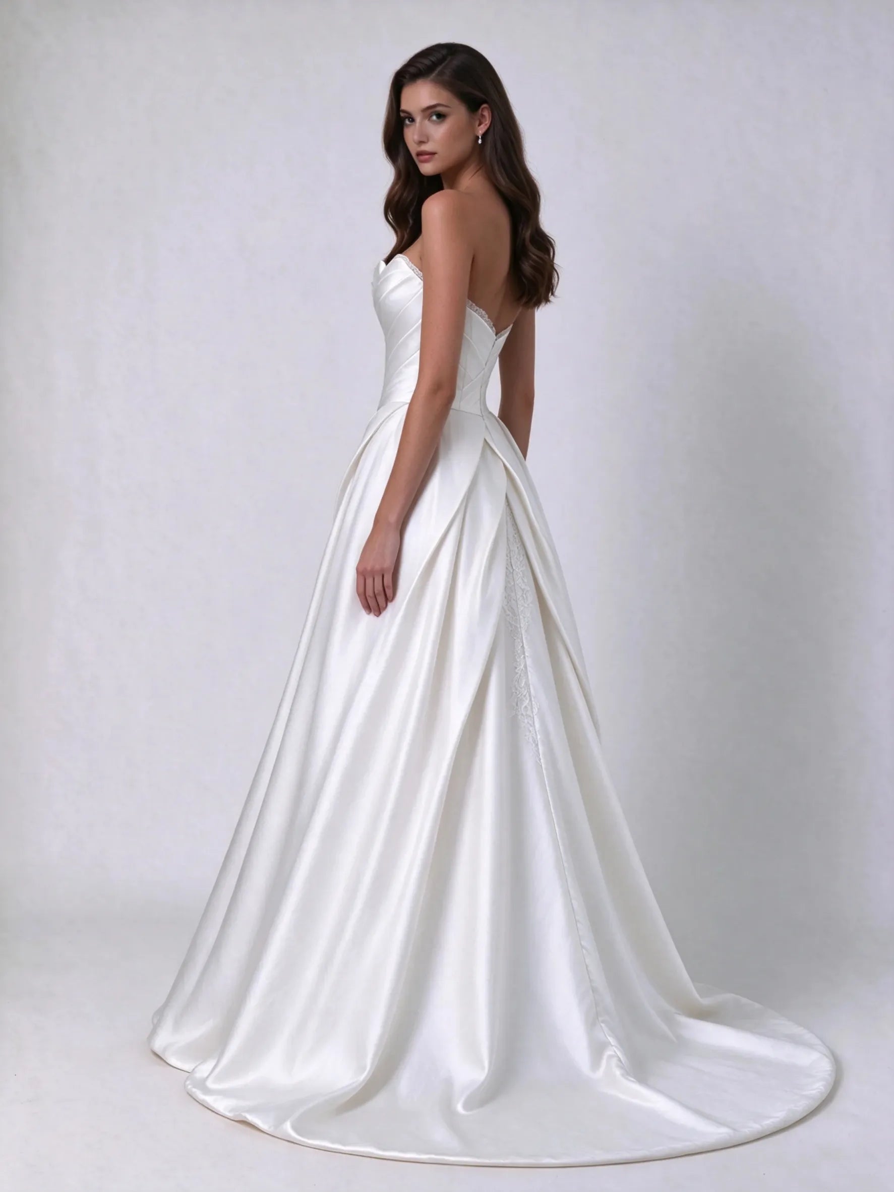 Strapless Pleated Satin and Lace Overlay Column Wedding Dress with Sweep Train