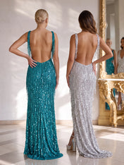 Plunging V-Neck Beaded Fringe Backless Column Prom Dress with High Slit