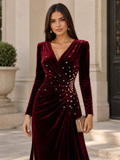 V-Neck Pearl Ruched Burgundy Velvet Floor-Length Evening Dresses with Long Sleeves