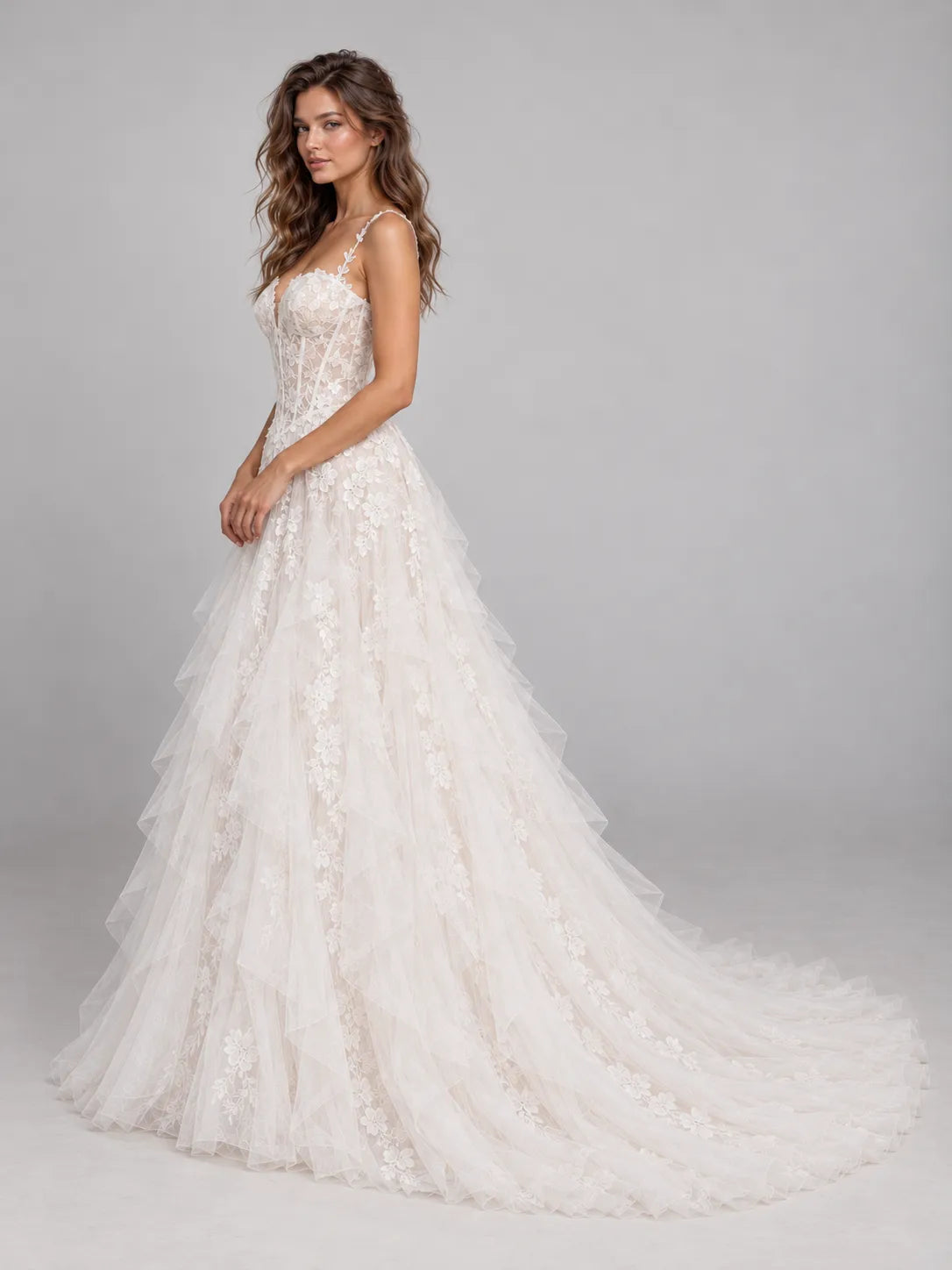 Sweetheart Lace Applique Corset A-Line Wedding Dress with Cascading Tiered Tulle Skirt and Train