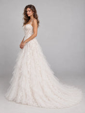 Sweetheart Lace Applique Corset A-Line Wedding Dress with Cascading Tiered Tulle Skirt and Train