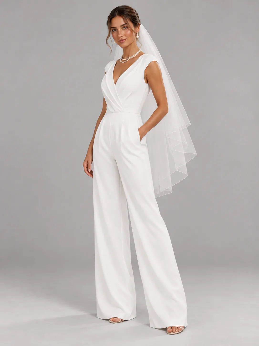 V-Neck Crossover Wide-Leg Bridal Jumpsuit