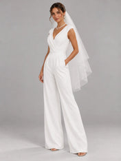 V-Neck Crossover Wide-Leg Bridal Jumpsuit