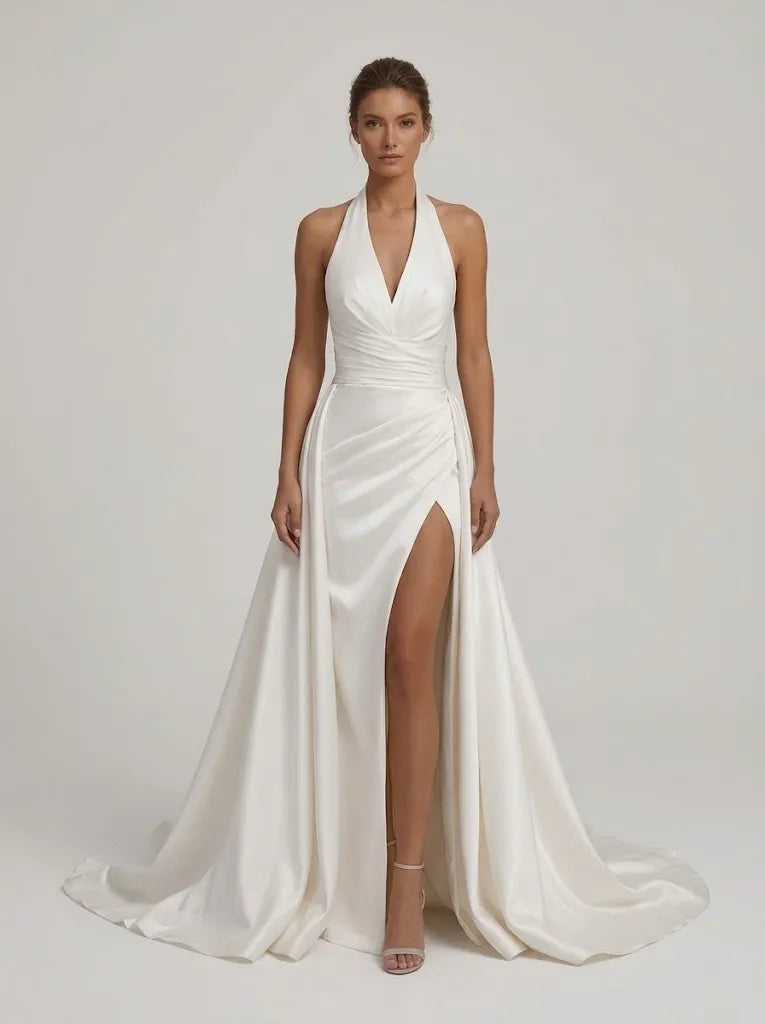 Halter Deep V Satin Wedding Dress With High Slit