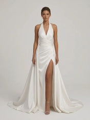 Halter Deep V Satin Wedding Dress With High Slit