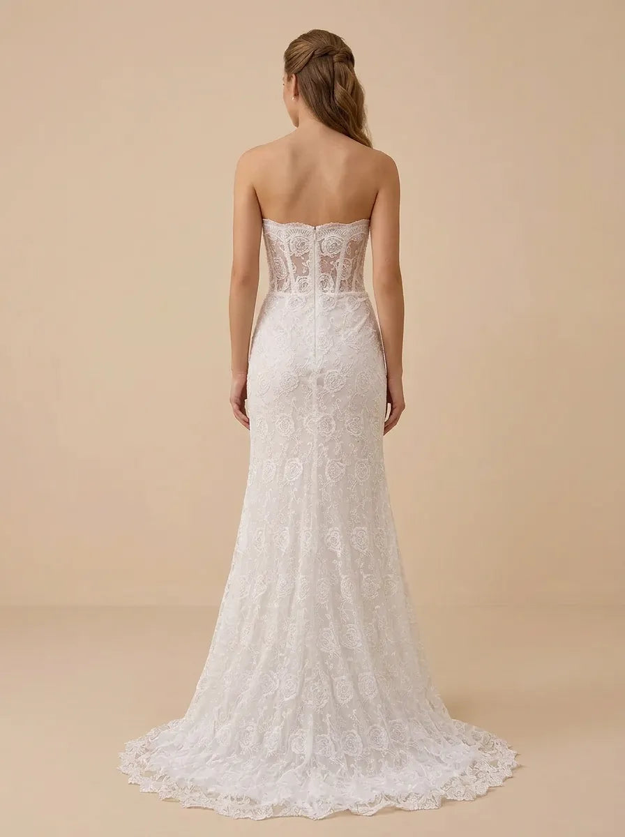Strapless Lace Mermaid Wedding Dress with High Front Slit and Detachable Sleeves