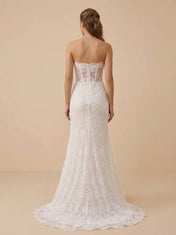 Strapless Lace Mermaid Wedding Dress with High Front Slit and Detachable Sleeves