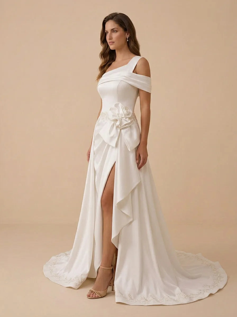 One-Shoulder Draped Satin A-Line Wedding Dress with High Slit and Rosette