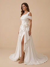 One-Shoulder Draped Satin A-Line Wedding Dress with High Slit and Rosette