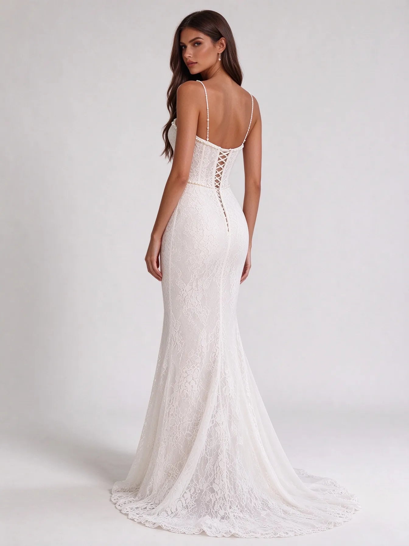 Pearl-Trimmed Lace Corset Mermaid Bridal Gown Wedding Dress with Flowing Train