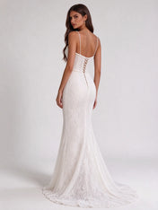 Pearl-Trimmed Lace Corset Mermaid Bridal Gown Wedding Dress with Flowing Train