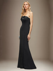 Black Stretch Crepe Sheath/Column Off the Shoulder Sleeveless Floor Length Dress