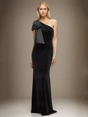 Stretch Crepe Sheath/Column One Shoulder Sleeveless Floor Length Dress With Bow