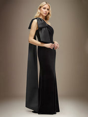 Stretch Crepe Sheath/Column One Shoulder Sleeveless Floor Length Dress With Bow