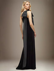 Stretch Crepe Sheath/Column One Shoulder Sleeveless Floor Length Dress With Bow