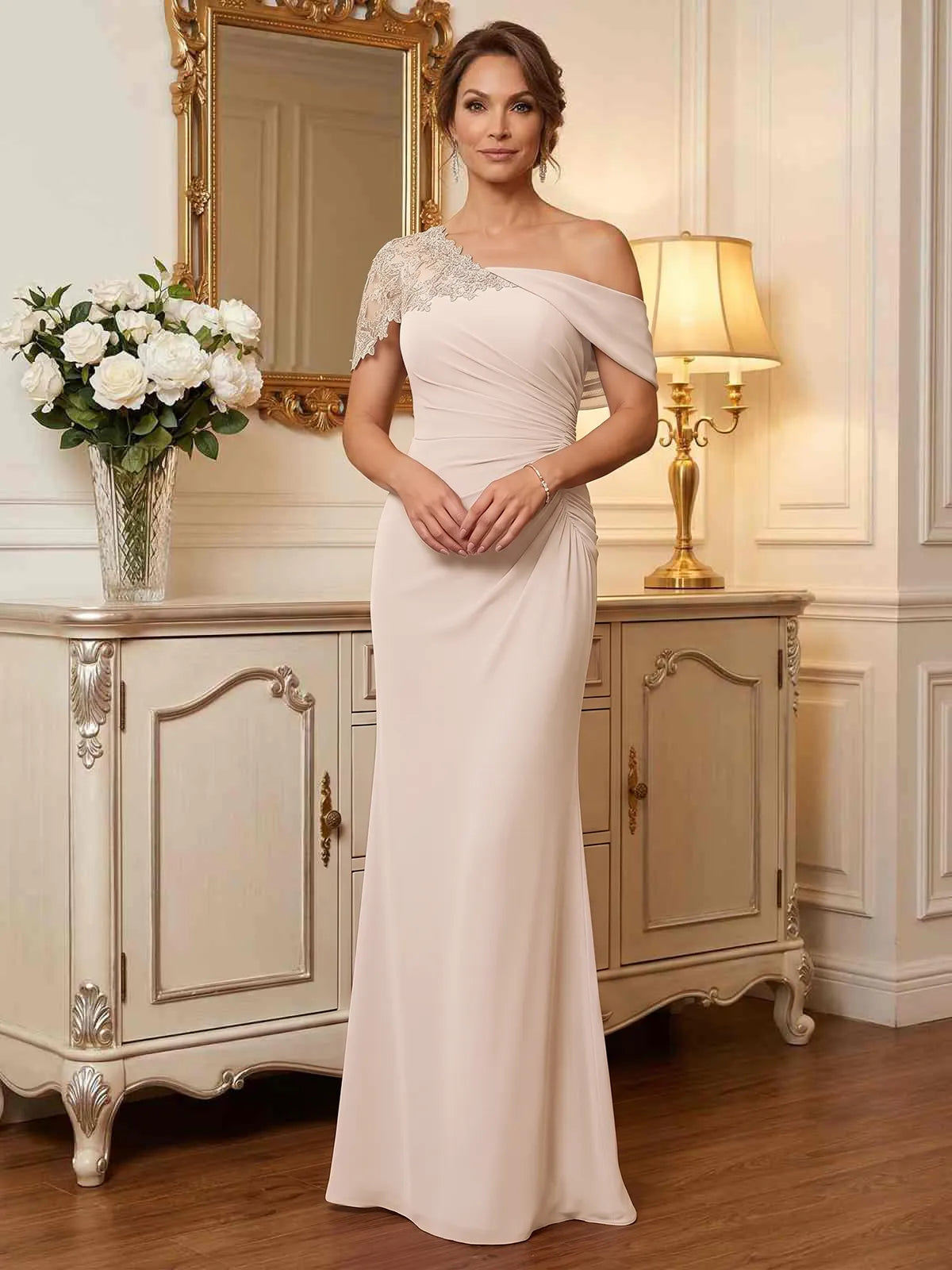 One-Shoulder Short Sleeve Floor-Length Chiffon Mother of the Bride Dress With Lace Appliqué