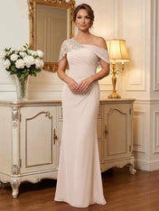 One-Shoulder Short Sleeve Floor-Length Chiffon Mother of the Bride Dress With Lace Appliqué