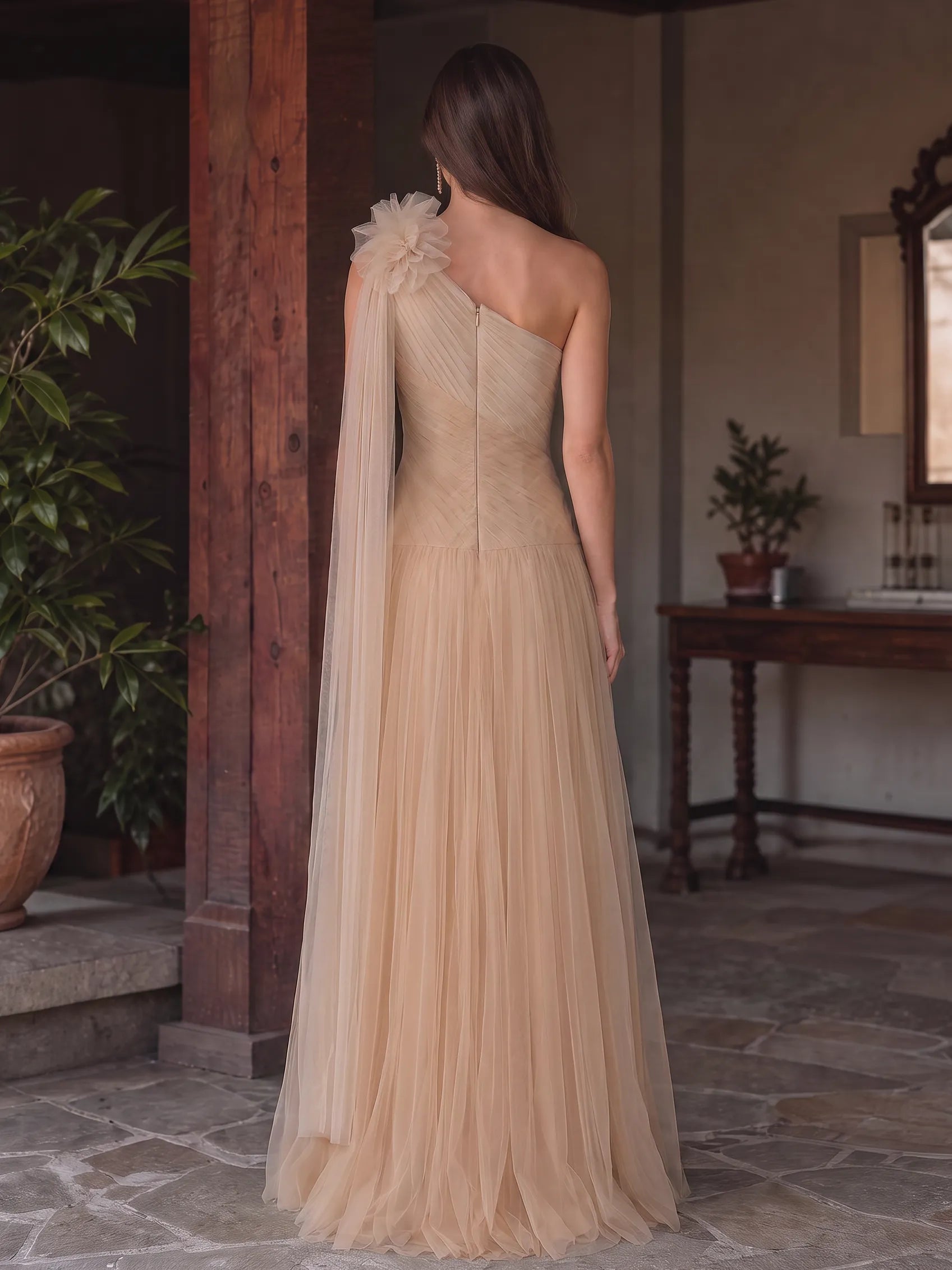 Ethereal Champagne One-Shoulder Tulle Evening Dress with Floral Applique and Draped Sash