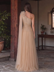 Ethereal Champagne One-Shoulder Tulle Evening Dress with Floral Applique and Draped Sash