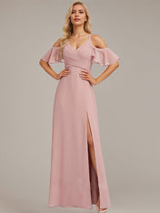 Dusty Rose A-Line Cold Shoulder Floor-Length Chiffon Bridesmaid Dress With Ruffle