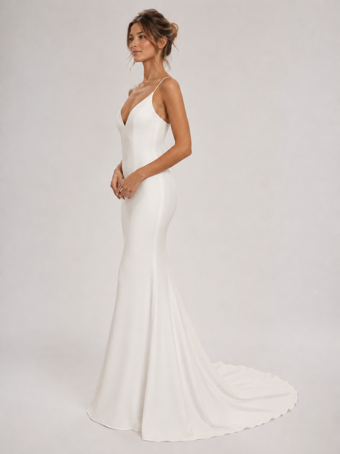 Sleek V-Neck Satin Sheath Wedding Dress with Sweep Train