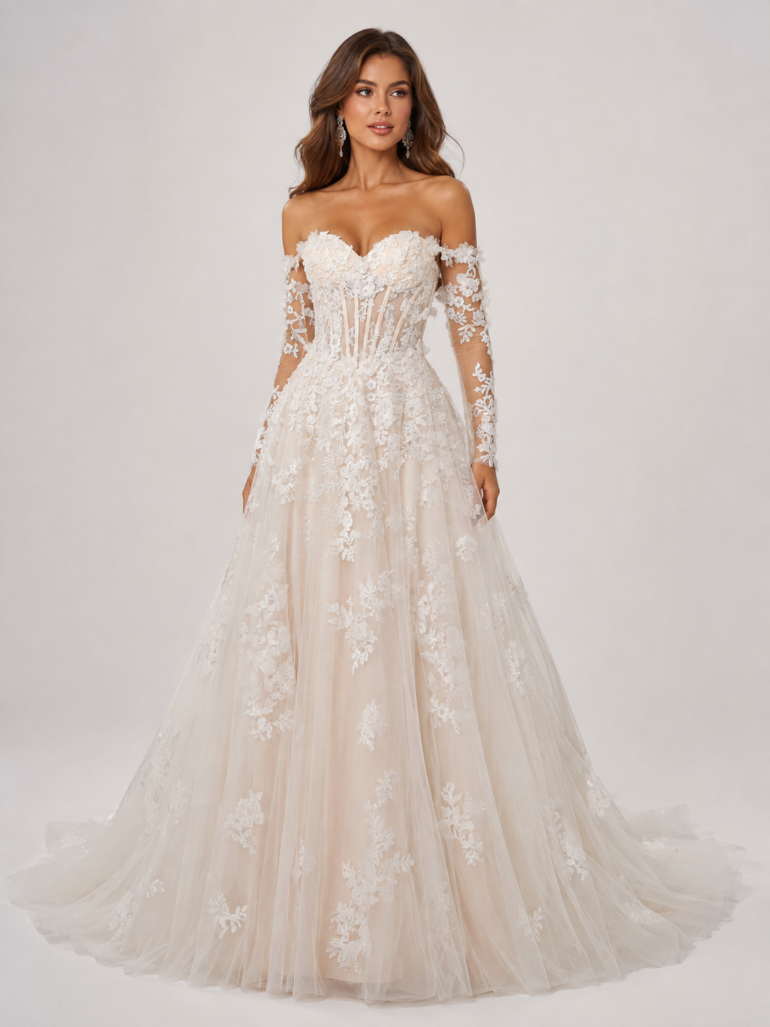Elegant Off-the-Shoulder Lace Applique Tulle A-Line Wedding Dress with Chapel Train