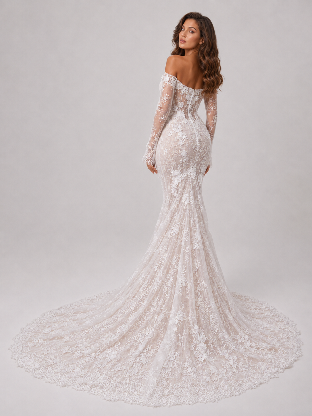 Elegant Off-the-Shoulder Long-Sleeve Lace Applique Mermaid Wedding Dress with Chapel Train