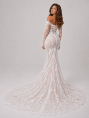 Elegant Off-the-Shoulder Long-Sleeve Lace Applique Mermaid Wedding Dress with Chapel Train