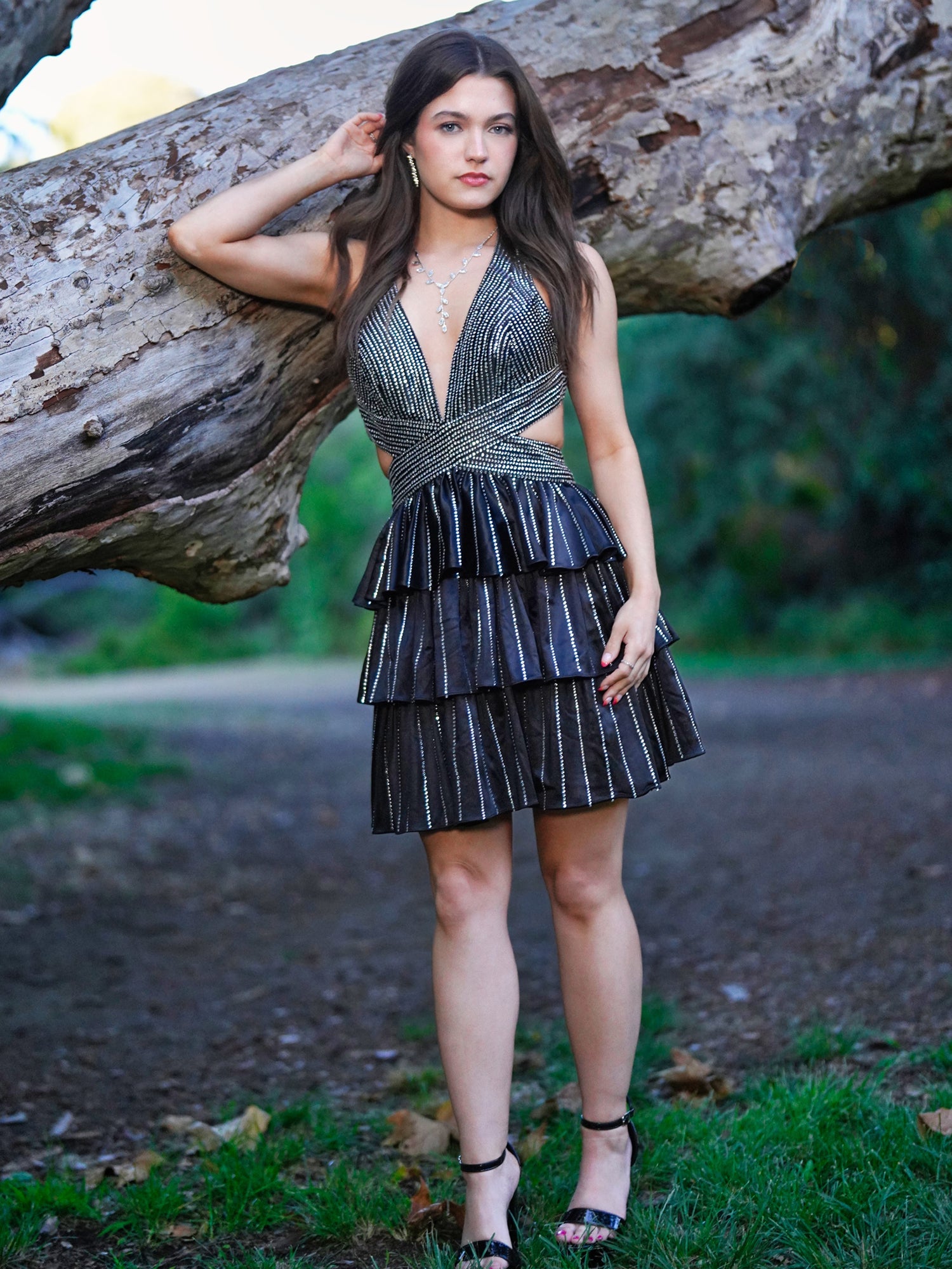 Black Halter Deep V-Neck Rhinestone Striped Tiered Ruffle Short Homecoming Dress