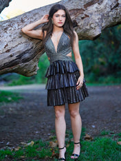 Black Halter Deep V-Neck Rhinestone Striped Tiered Ruffle Short Homecoming Dress