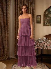 Burgundy A-Line Sweetheart Floor Length Tiered Chiffon Bridesmaid Dress