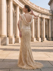Draped Cowl Neck Feather Embellished Champagne Column Evening Dress