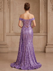 Off-the-Shoulder Ruched Sequin Sleeveless Mermaid Prom Dress