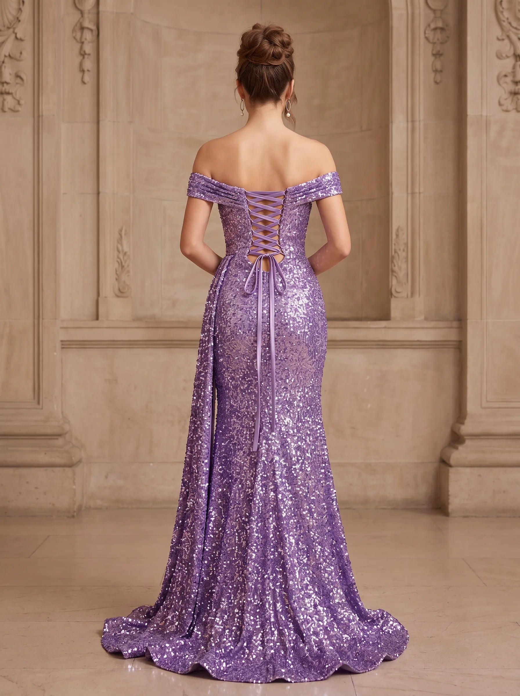 Off-the-Shoulder Ruched Sequin Sleeveless Mermaid Prom Dress