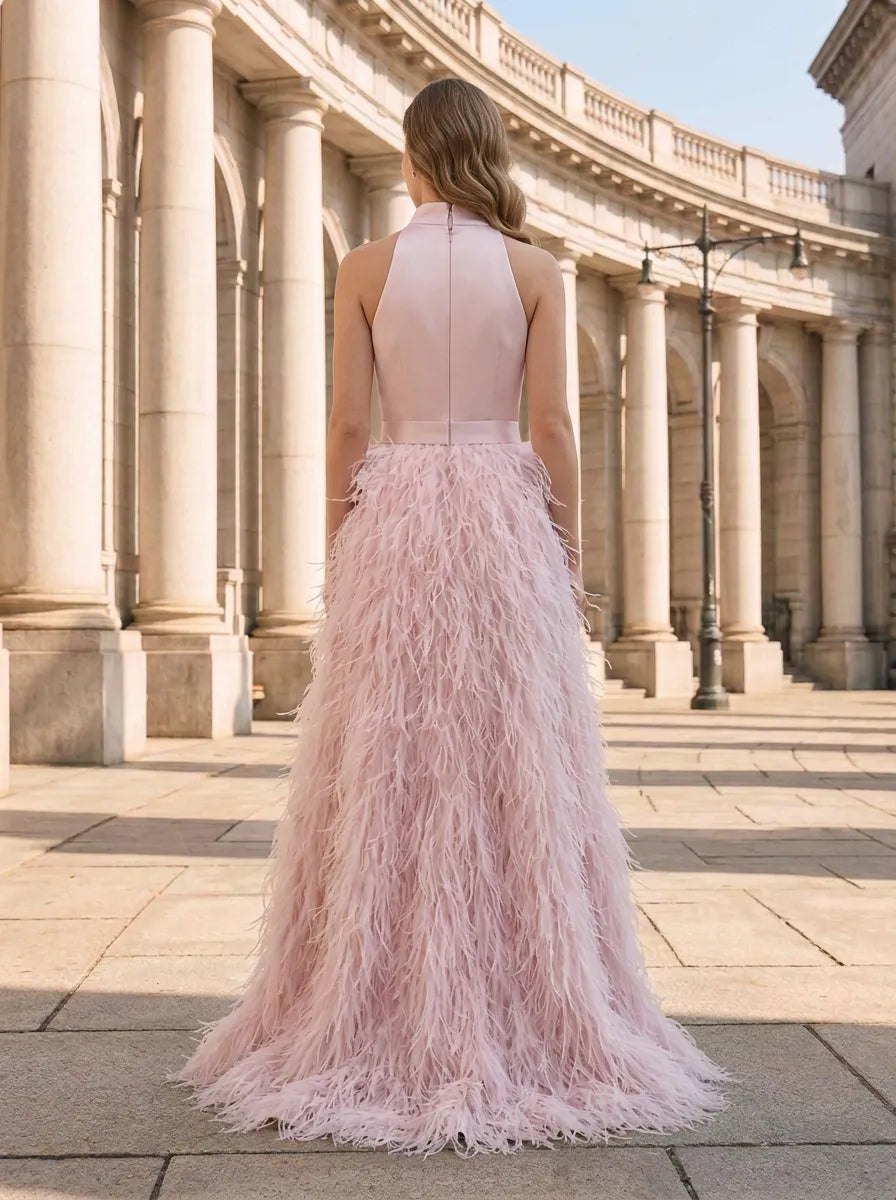 High-Neck Beaded Crystal Belt Feather Embellished Pink Column Evening Dress