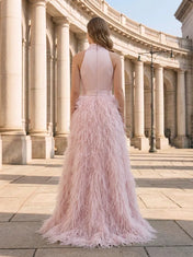 High-Neck Beaded Crystal Belt Feather Embellished Pink Column Evening Dress